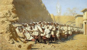 Målning: De ryska truppernas erövring av khanatet Chivas huvudstad (i dagens Uzbekistan). Målning från 1871 av Vasilj Veresjtjagin.