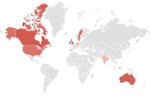 Världskarta med länder med flest sökningar om Putin och krigsbrott